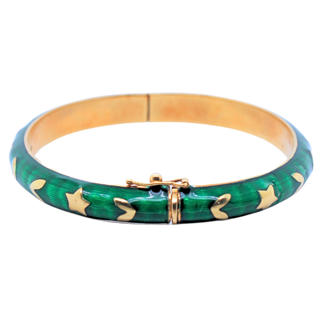 Vintage 18k Yellow Gold Green Enamel Bangle