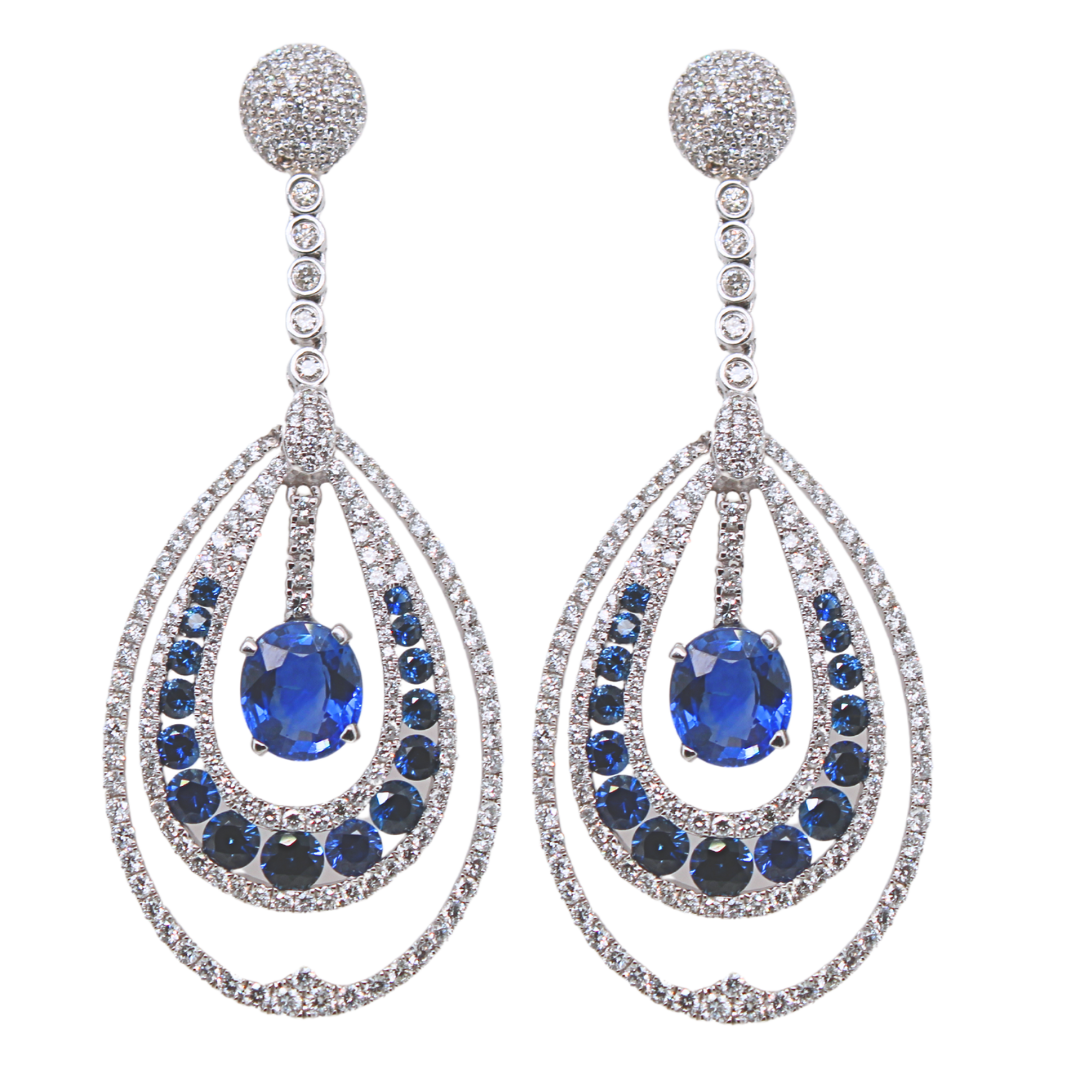 14K WHITE GOLD SAPPHIRE CHANDELIER EARRINGS 7.38CTW