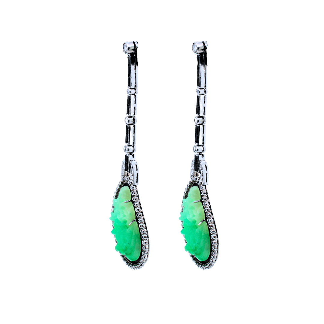 Art-Deco Carved Jade Diamond & Onyx Platinum Drop Earrings