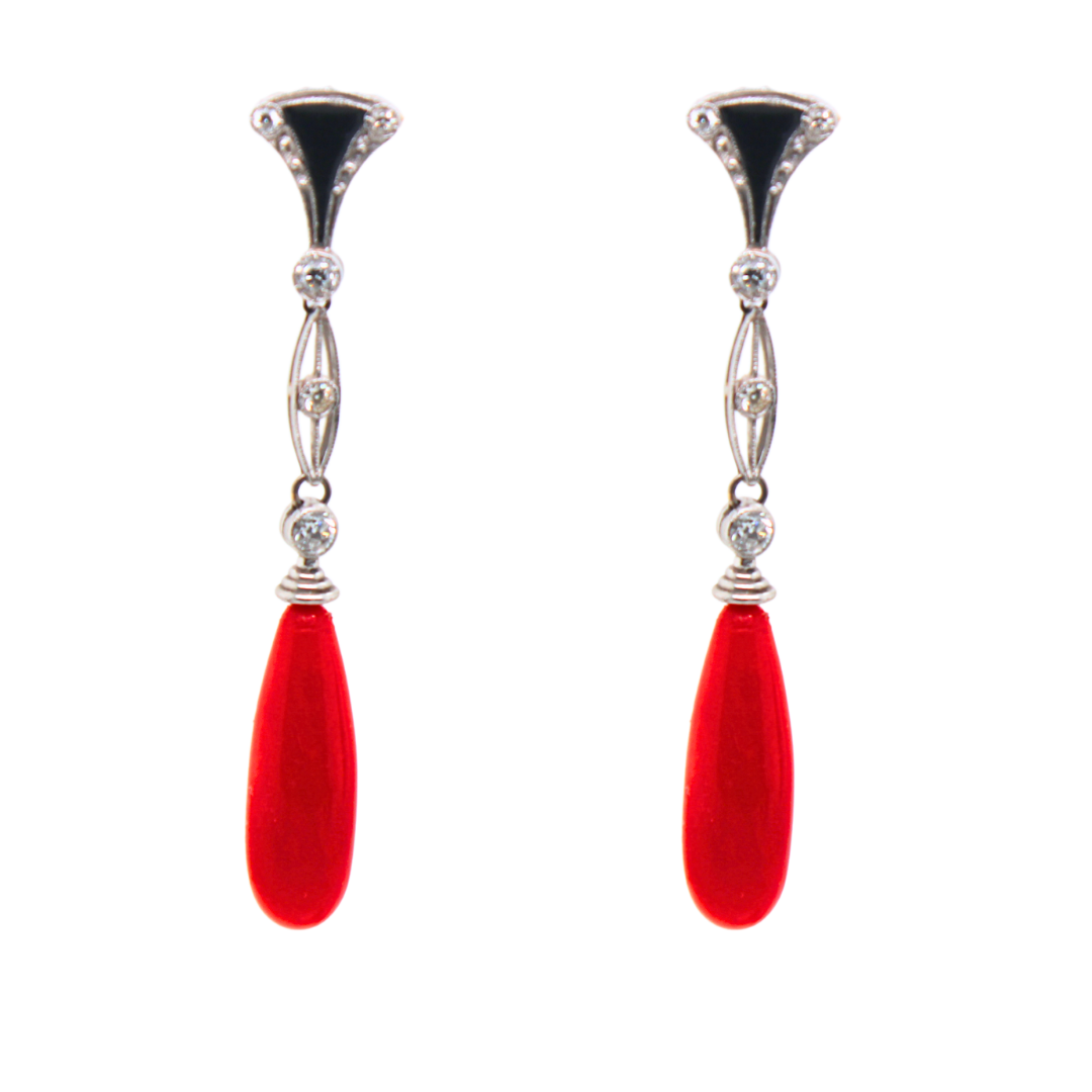 18k White Gold Art Deco Coral, Onyx and Diamond Earrings