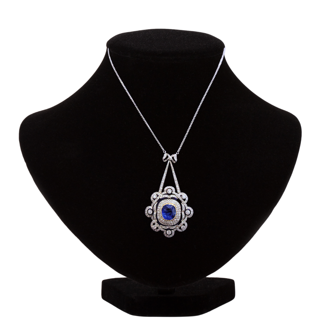 Art Deco 18k Natural Sapphire White Gold and Platinum Marcus & Co. Pendant Necklace