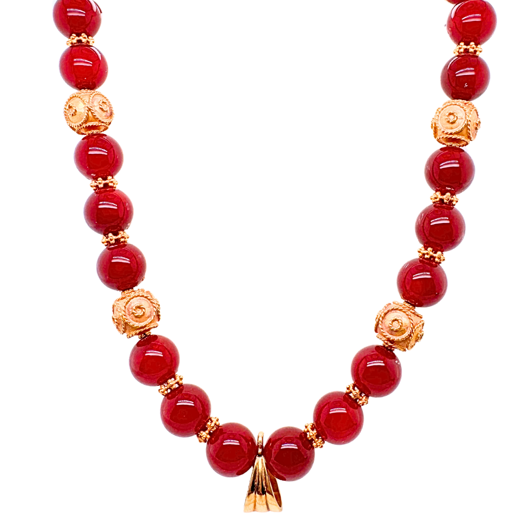 21k Yellow Gold Red Agate Beads Necklace