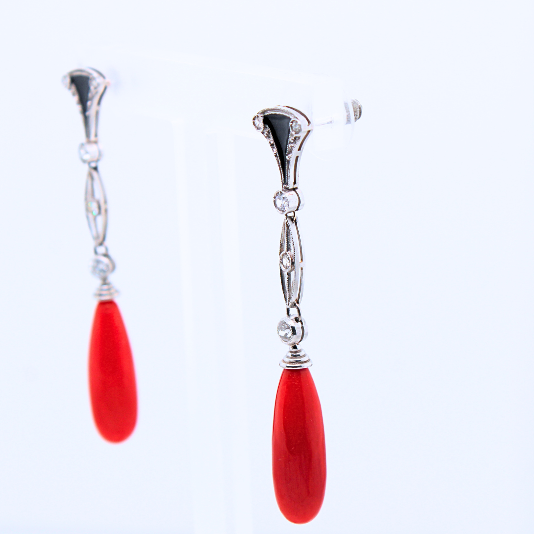 18k White Gold Art Deco Coral, Onyx and Diamond Earrings