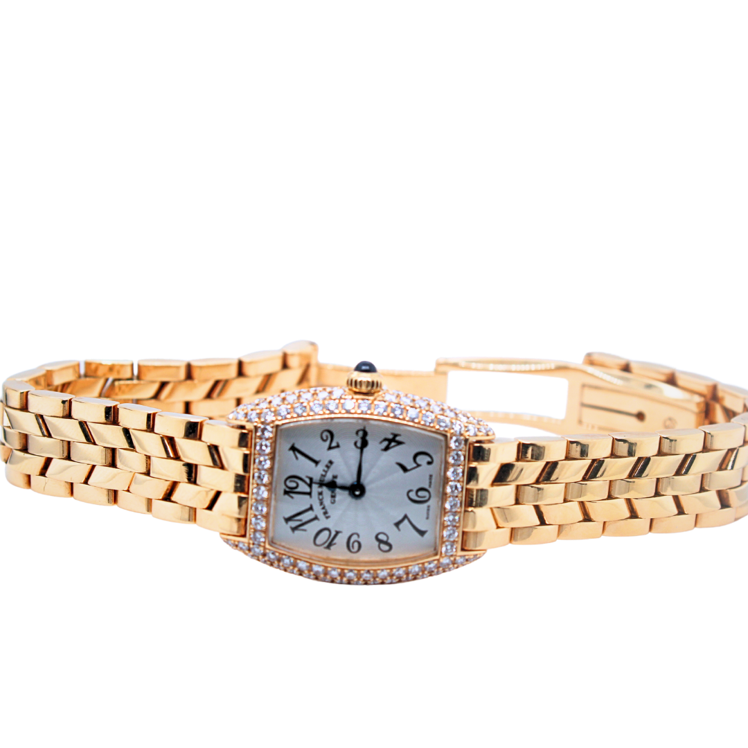 Frank Muller Lady's Small Size Cintre Curvex in Yellow Gold with Diamond Bezel on Yellow Gold Bracelet with Silver Dial 2251 QZ D