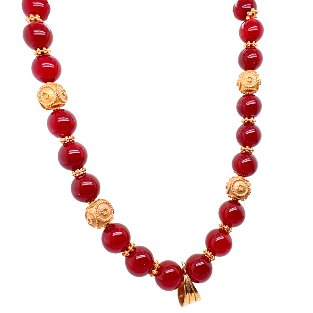 21k Yellow Gold Red Agate Beads Necklace