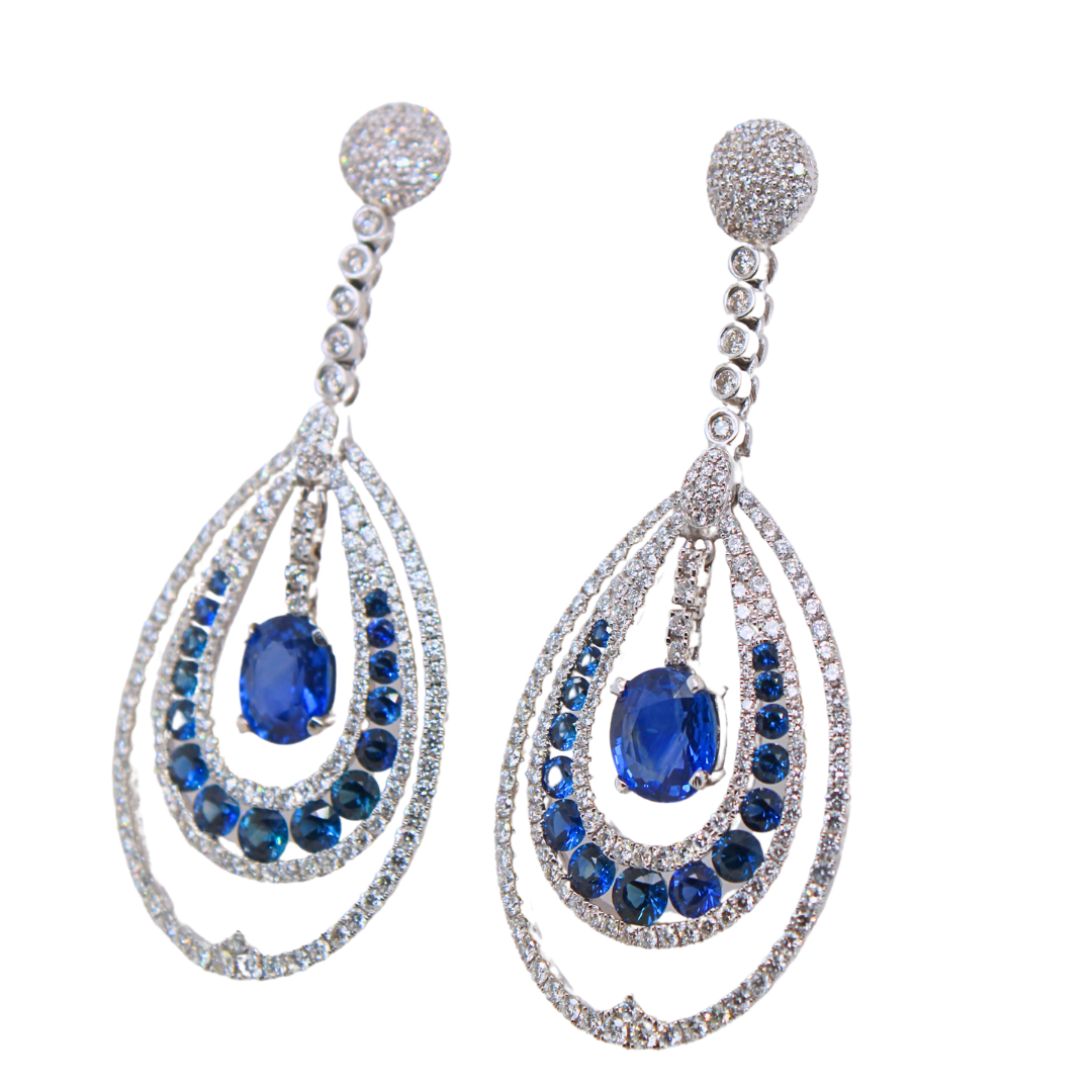 14K WHITE GOLD SAPPHIRE CHANDELIER EARRINGS 7.38CTW