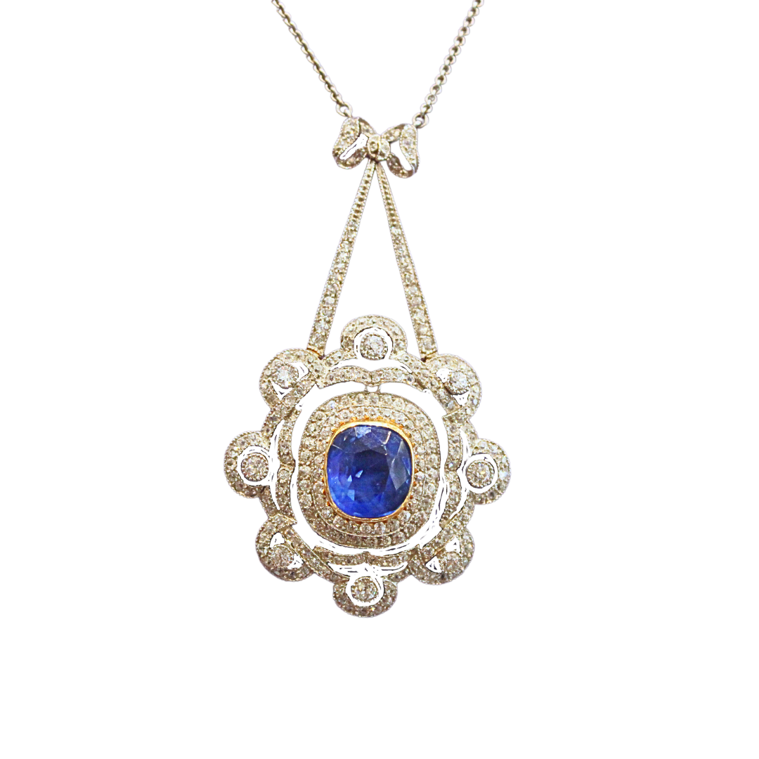 Art Deco 18k Natural Sapphire White Gold and Platinum Marcus & Co. Pendant Necklace