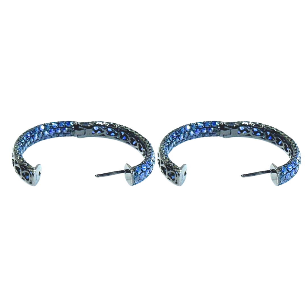 18k White Gold Blue Sapphire Pavé Inside Out Hoop Earrings Black Rhodium 6.9Cts