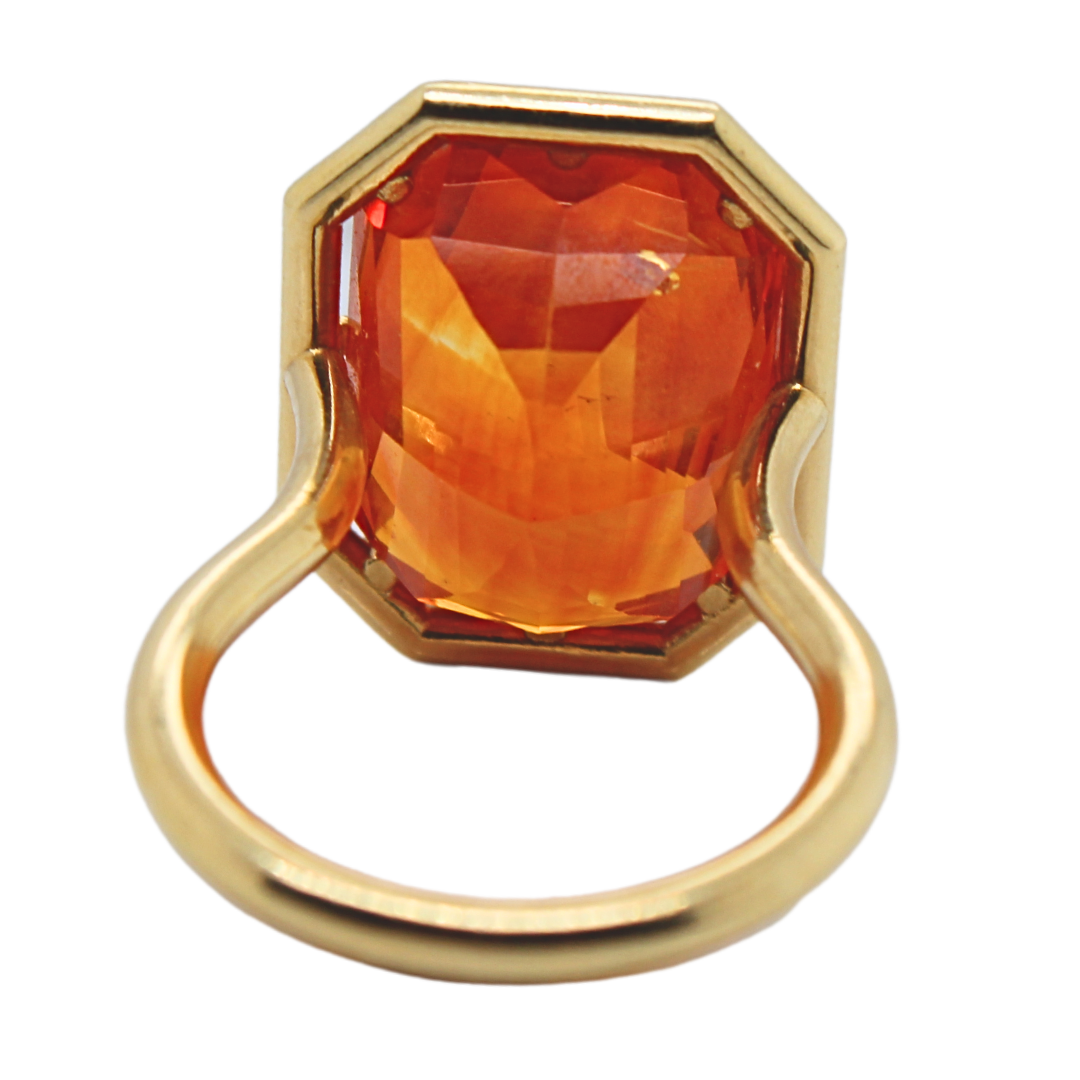 18k Yellow Gold Cushion Orange Sapphire 23.24Cts Ring with GIA