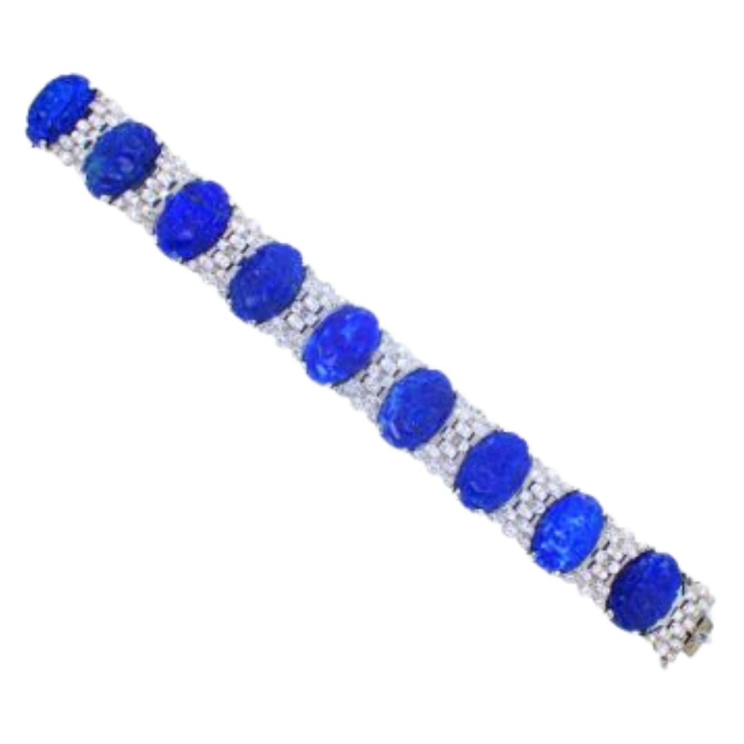 Blue Antique Lapis Carved Diamond Platinum Bracelet 87.85 grams