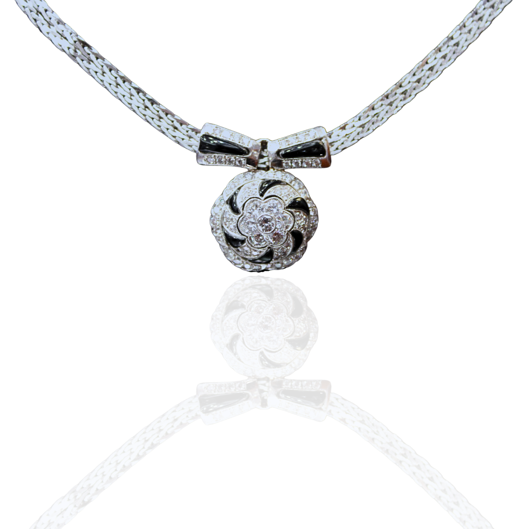 18k White Gold Black Onyx Camellia Flower Slider Pendant