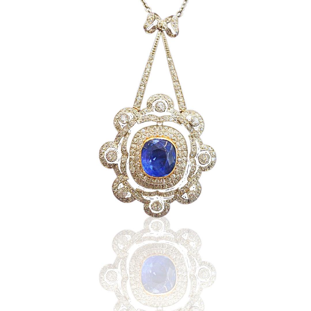 Art Deco 18k Natural Sapphire White Gold and Platinum Marcus & Co. Pendant Necklace