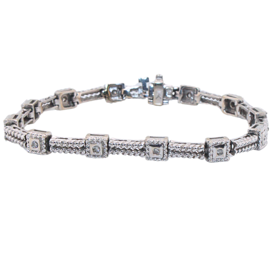 14K White Gold 12 Square Link Diamond Bracelet 0.10Cts