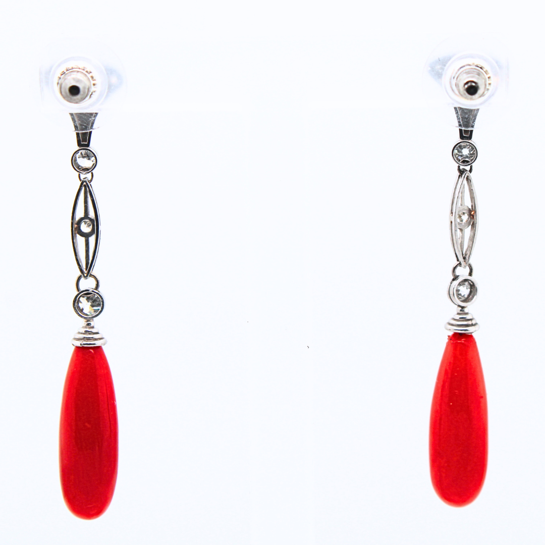 18k White Gold Art Deco Coral, Onyx and Diamond Earrings