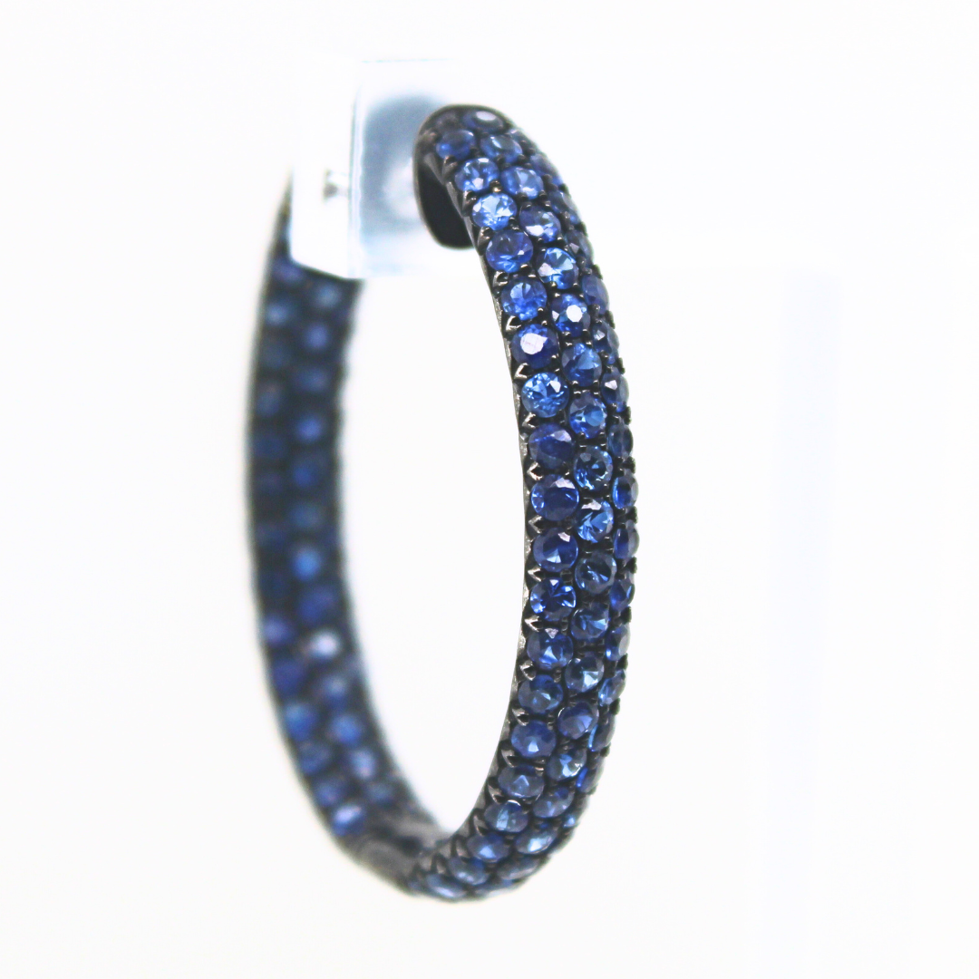 18k White Gold Blue Sapphire Pavé Inside Out Hoop Earrings Black Rhodium 6.9Cts