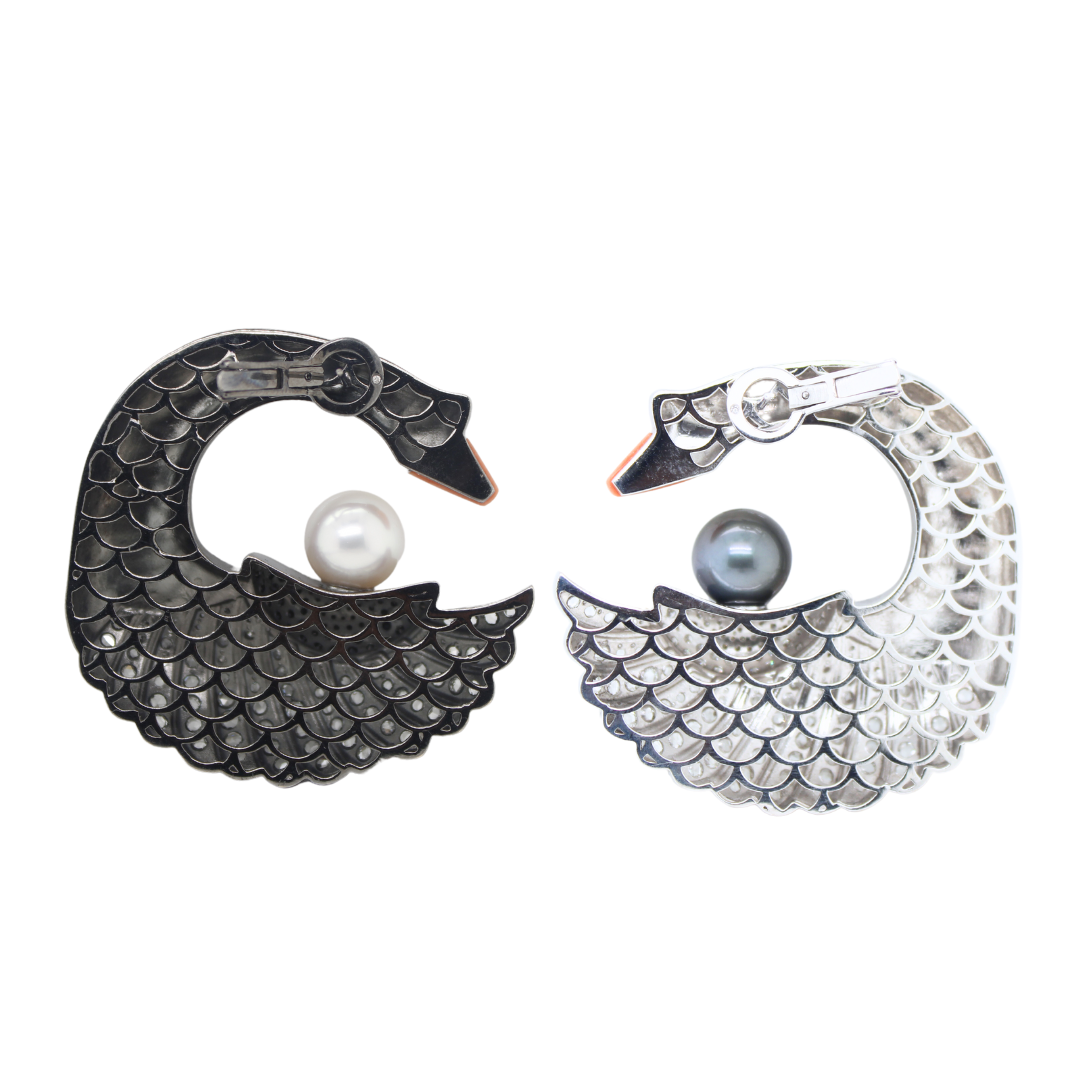 18k White and Black Swan Diamond and Pearl Earrings