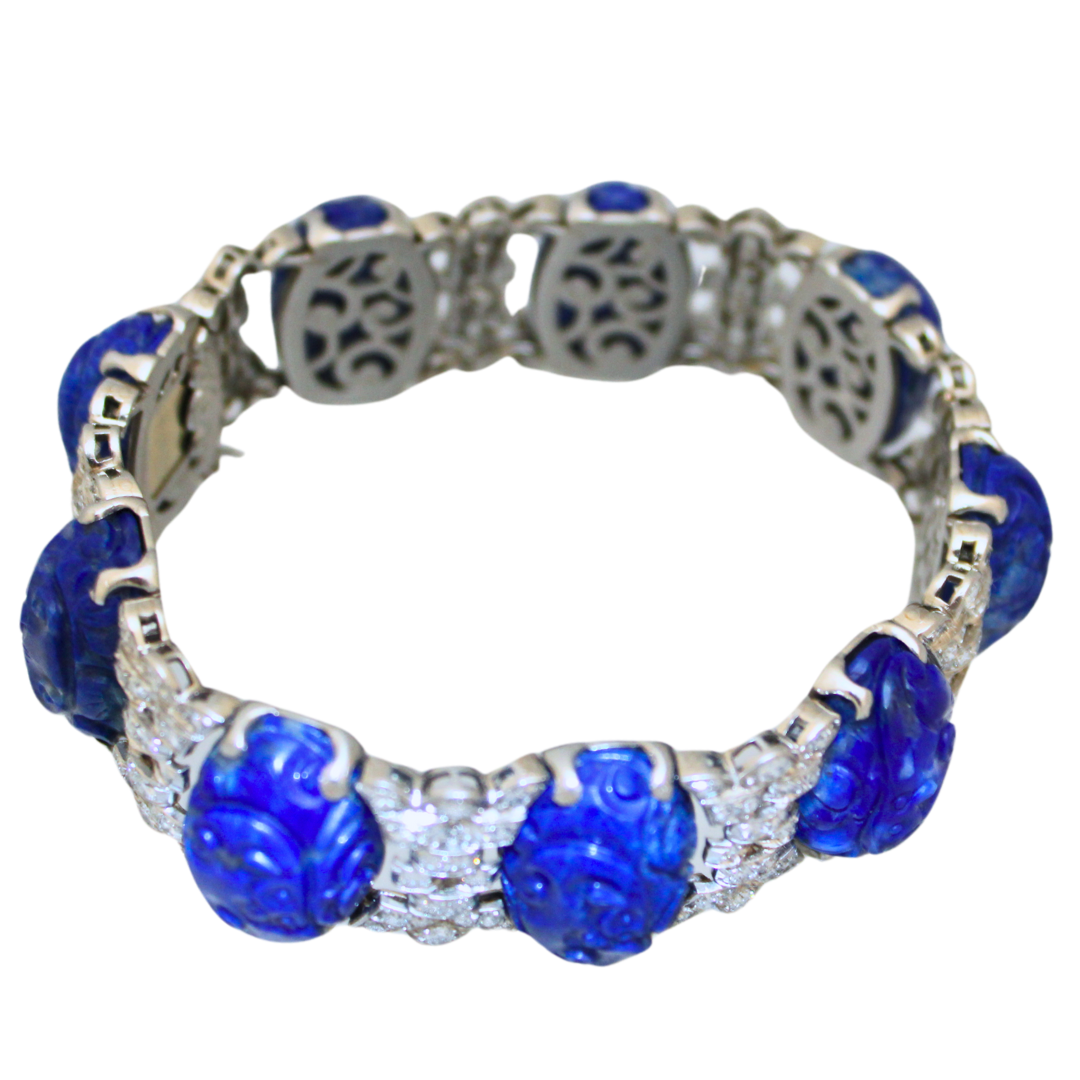 Blue Antique Lapis Carved Diamond Platinum Bracelet 87.85 grams