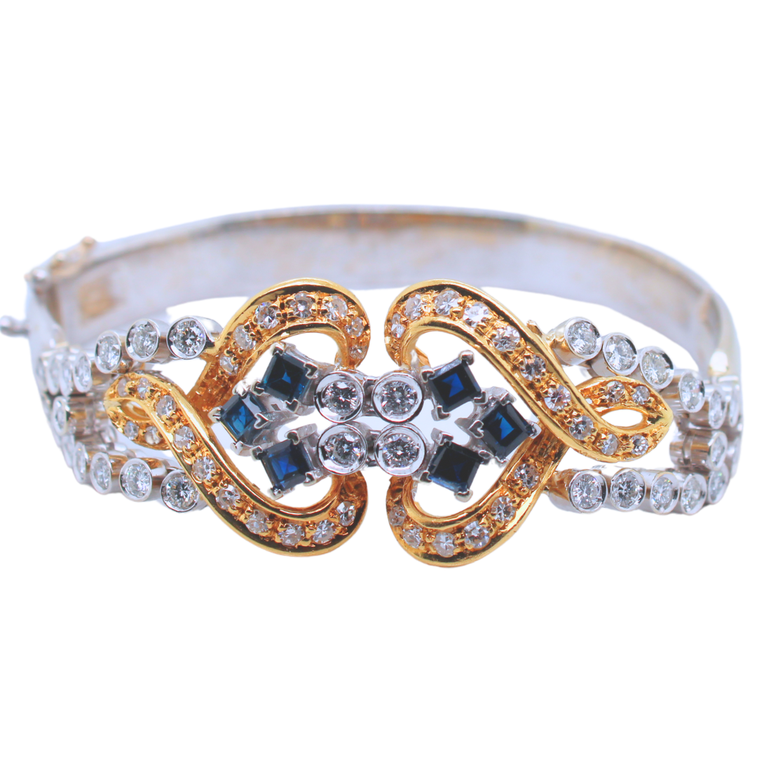 14k Yellow and White Gold Diamond and Sapphire Bangle 1.85Ctw