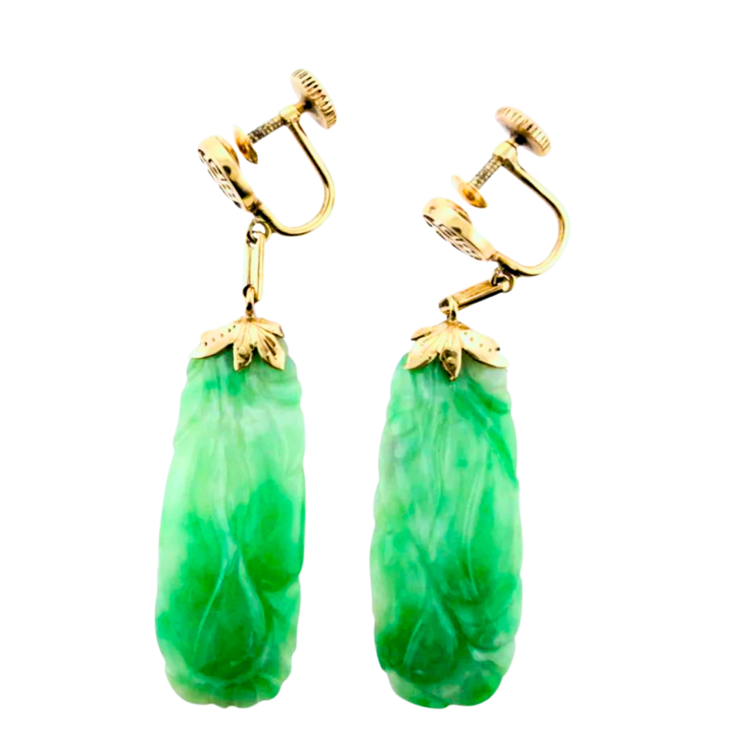 Elegant Natural Green Carved Jade Earring in 14K Yellow Gold