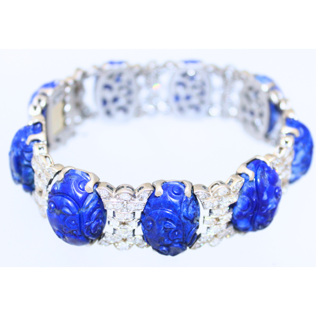 Blue Antique Lapis Carved Diamond Platinum Bracelet 87.85 grams