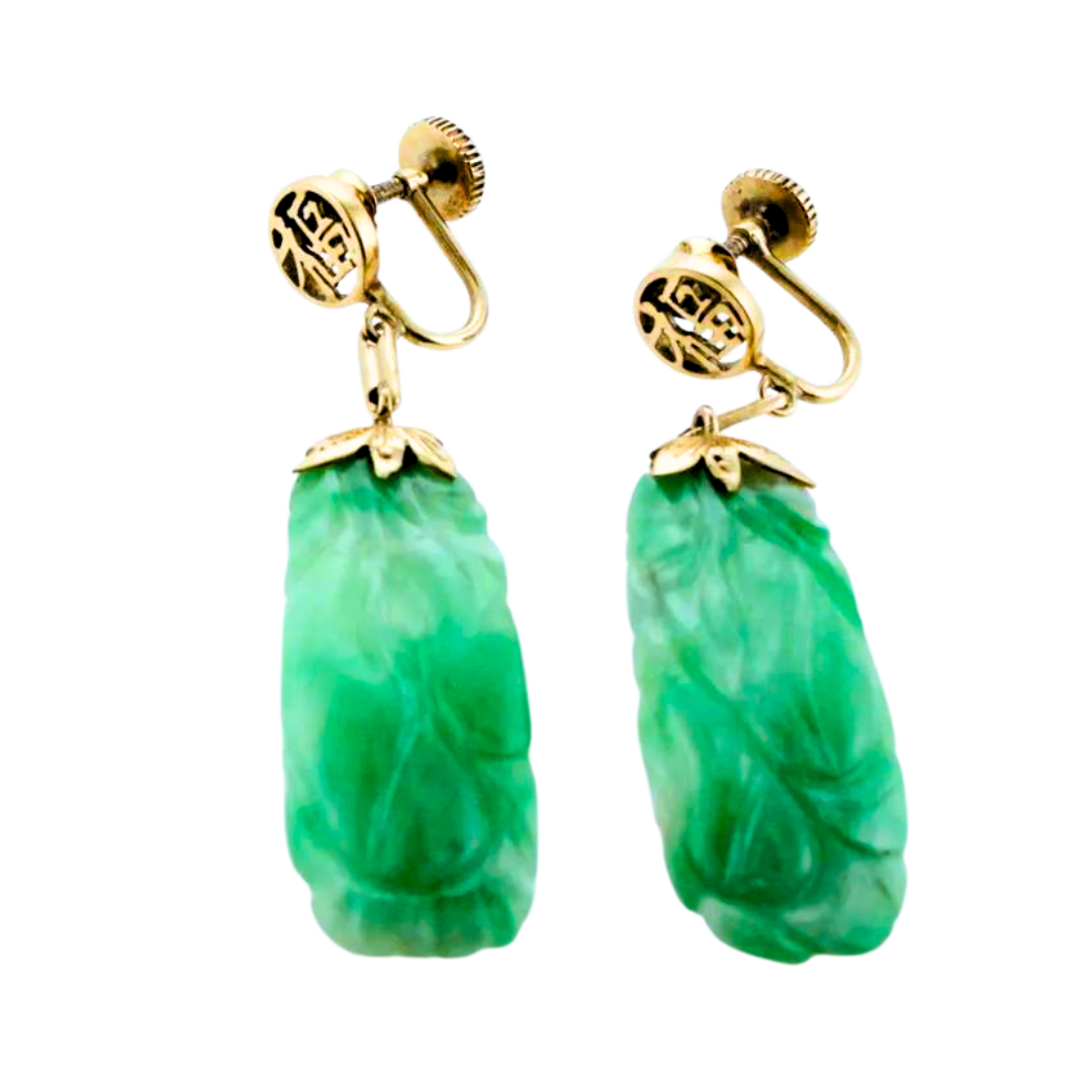 Elegant Natural Green Carved Jade Earring in 14K Yellow Gold