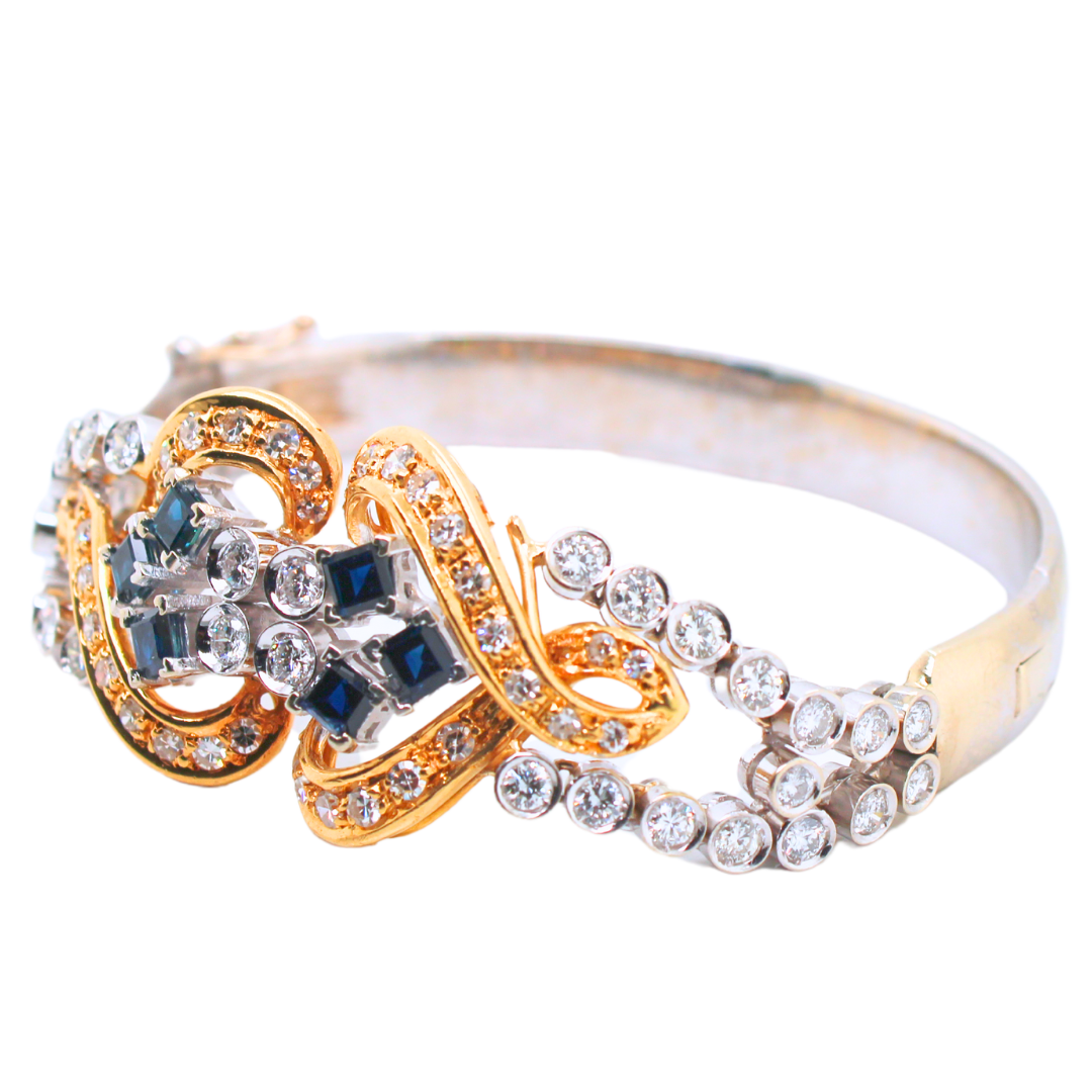 14k Yellow and White Gold Diamond and Sapphire Bangle 1.85Ctw