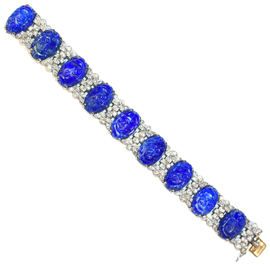 Blue Antique Lapis Carved Diamond Platinum Bracelet 87.85 grams