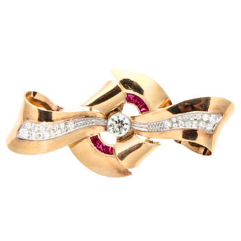 Retro 14k Yellow & White Gold Diamond & Ruby Brooch Pin 0.70ctw.