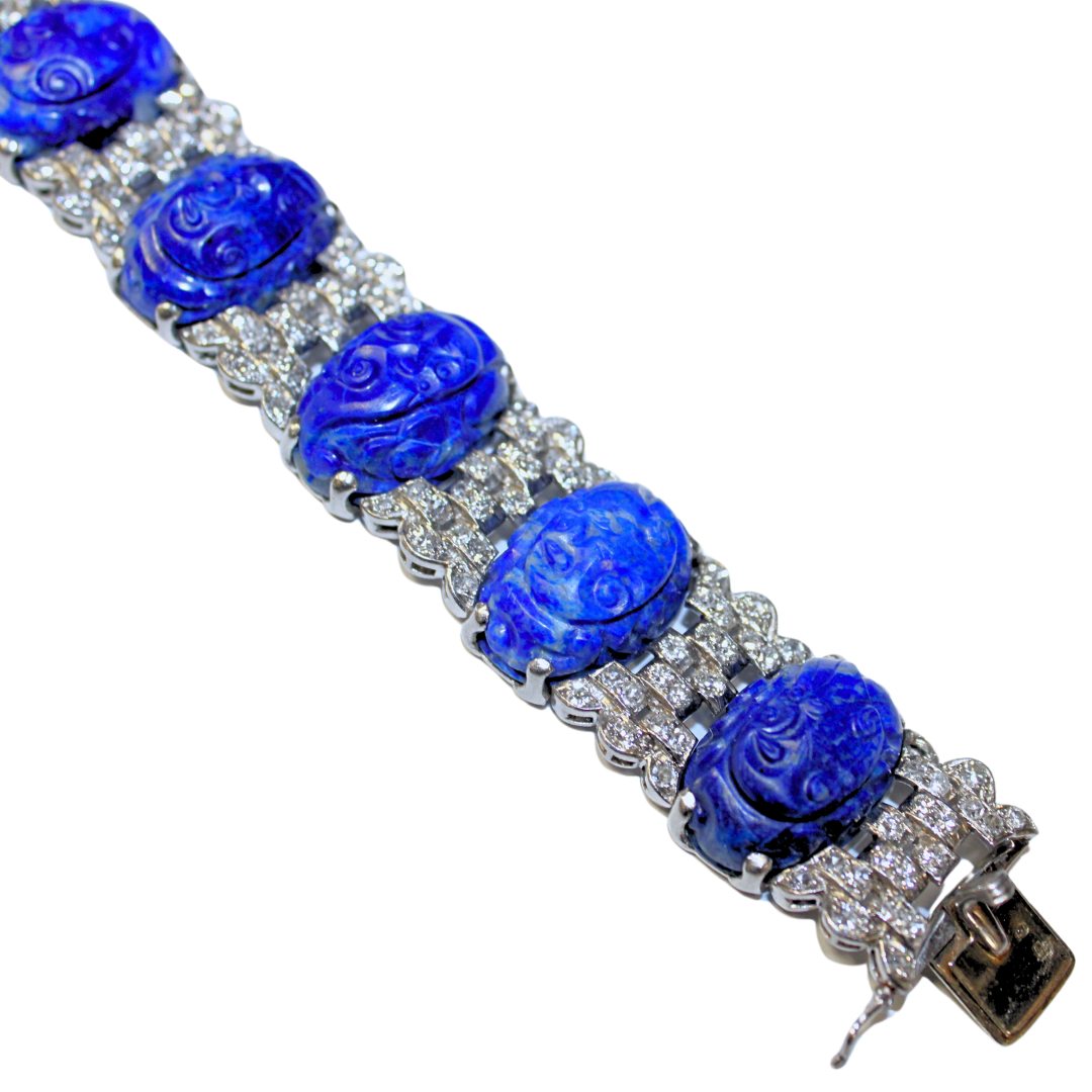 Blue Antique Lapis Carved Diamond Platinum Bracelet 87.85 grams