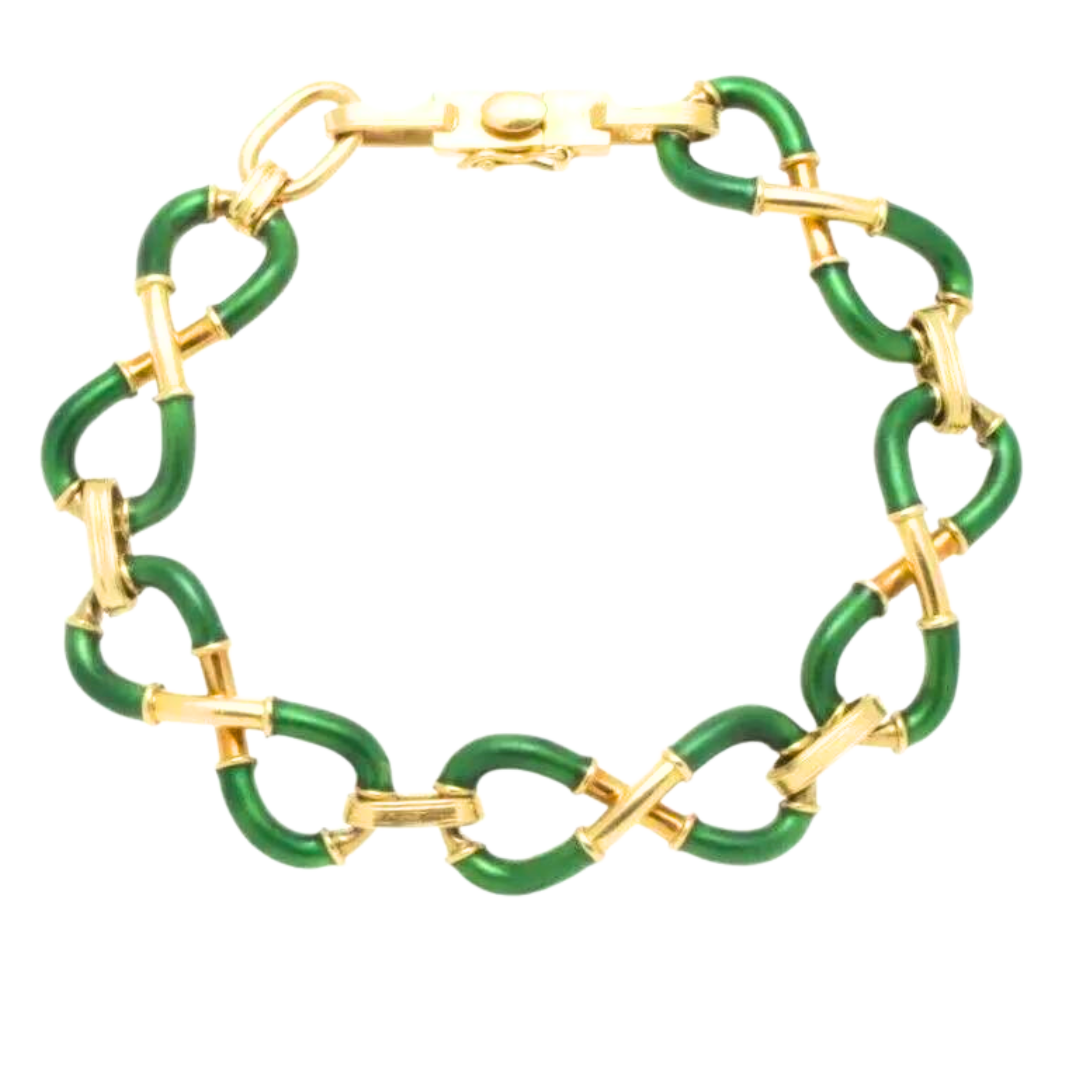 Vintage 18k Yellow Gold & Green Enamel Infinity Bracelet 31.59 Grams