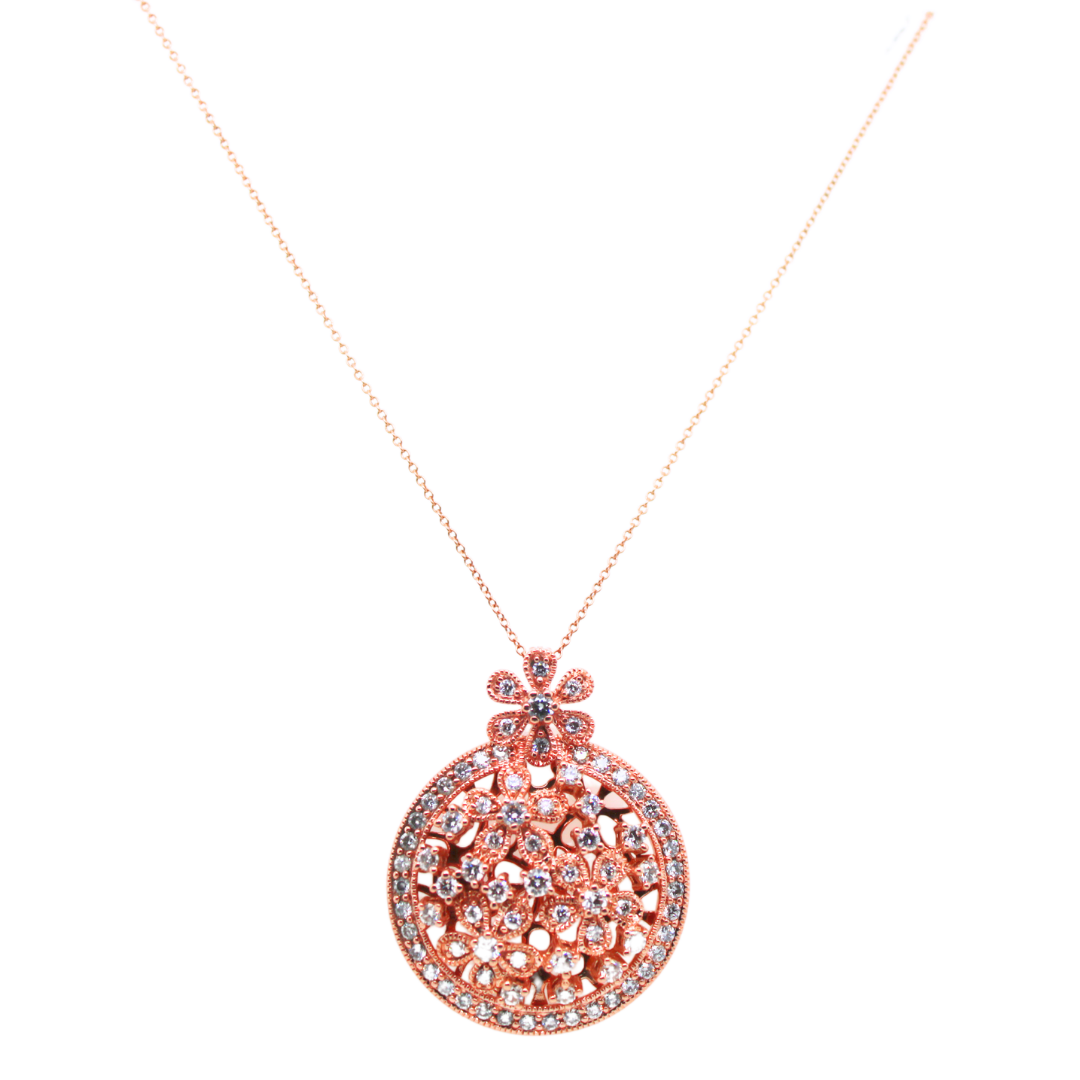 14k Rose Gold Flower and Filigree Detail Pendant Necklace 2.5CTW