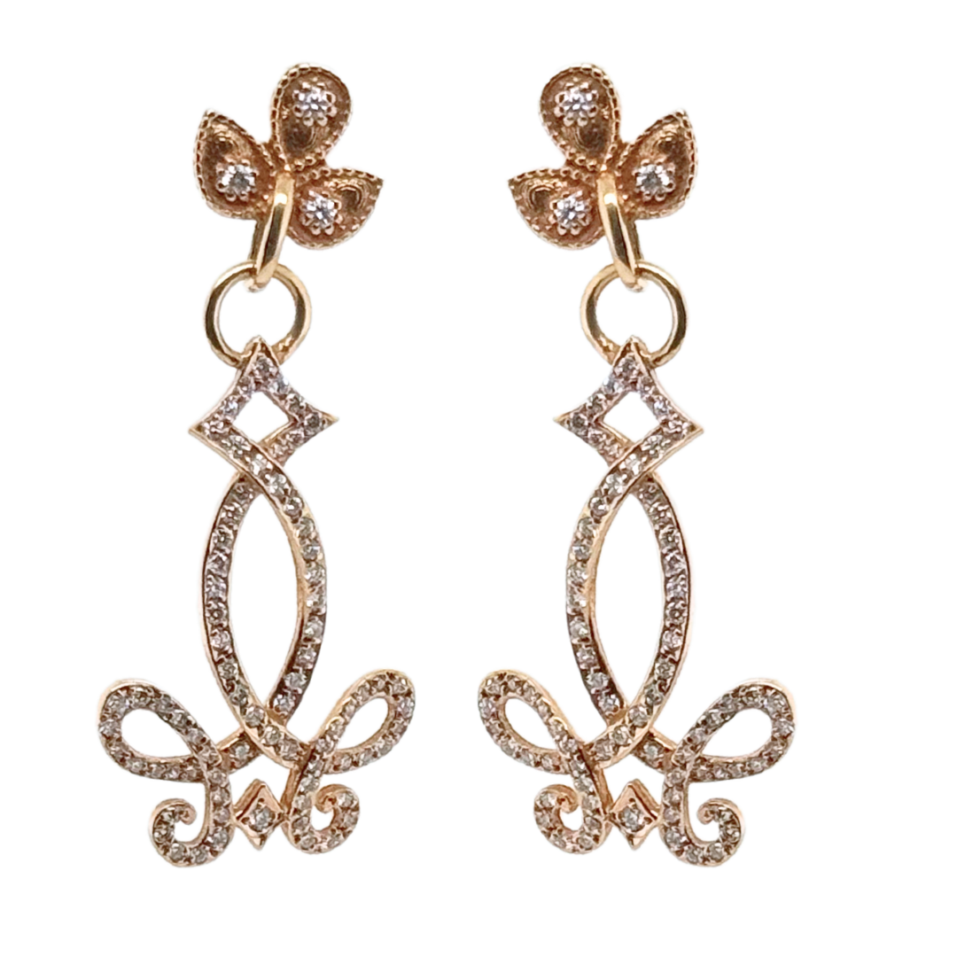 18k Rose Gold Fleur De Lis Diamond Dangling Earrings