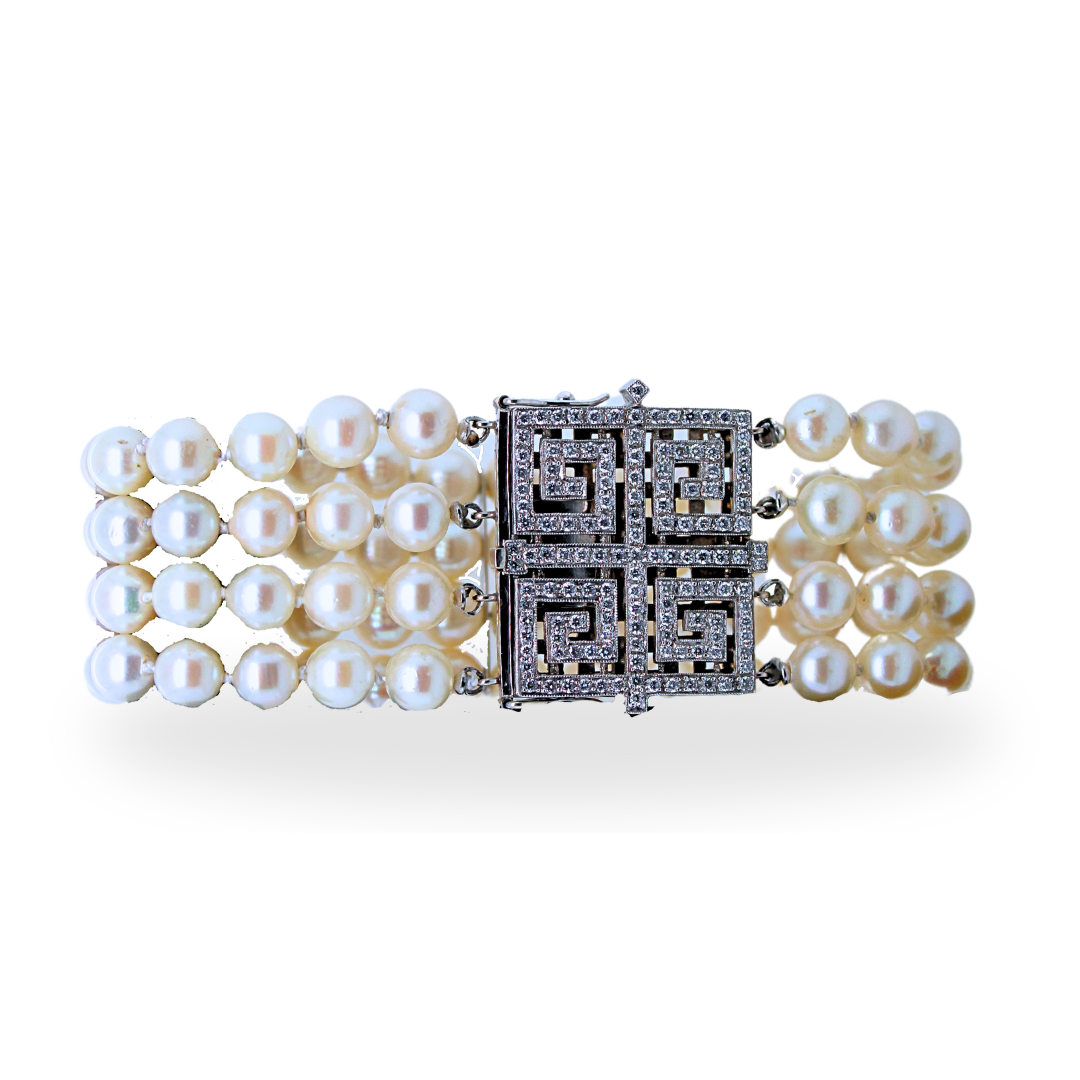 18k White Gold, Diamond & 4 Strand Pearl Bracelet 2.75 Cts.