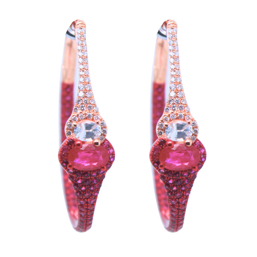 18k Rose Gold Ruby and White Sapphire Diamond Earrings 3.29tcw