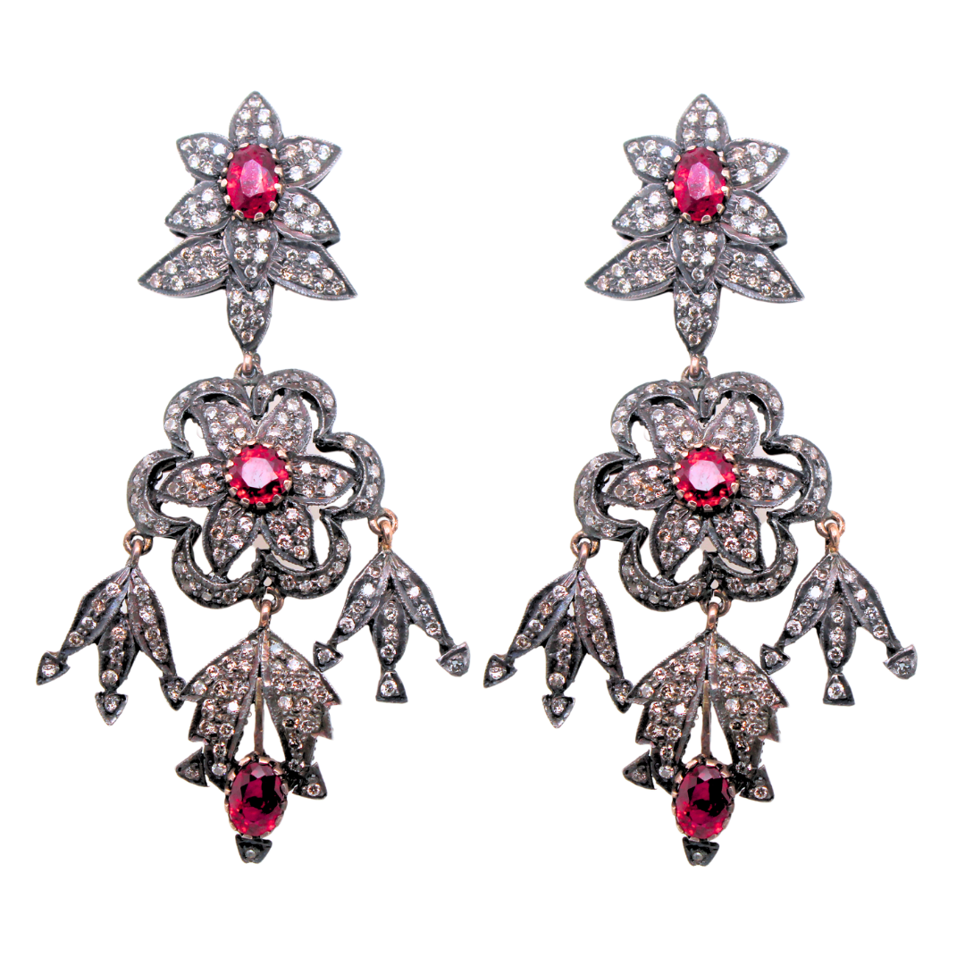 14k Yellow Gold Silver Top Antique Chandelier Ruby Earrings 6.00CTW