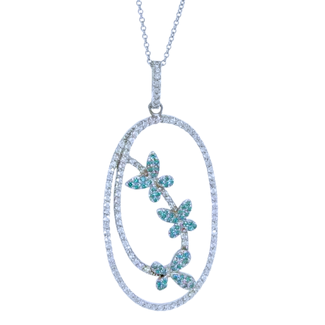 Estate Well Made 0.70 ctw. Blue Diamond Flower Pendant 14K White Gold 6.2 gram