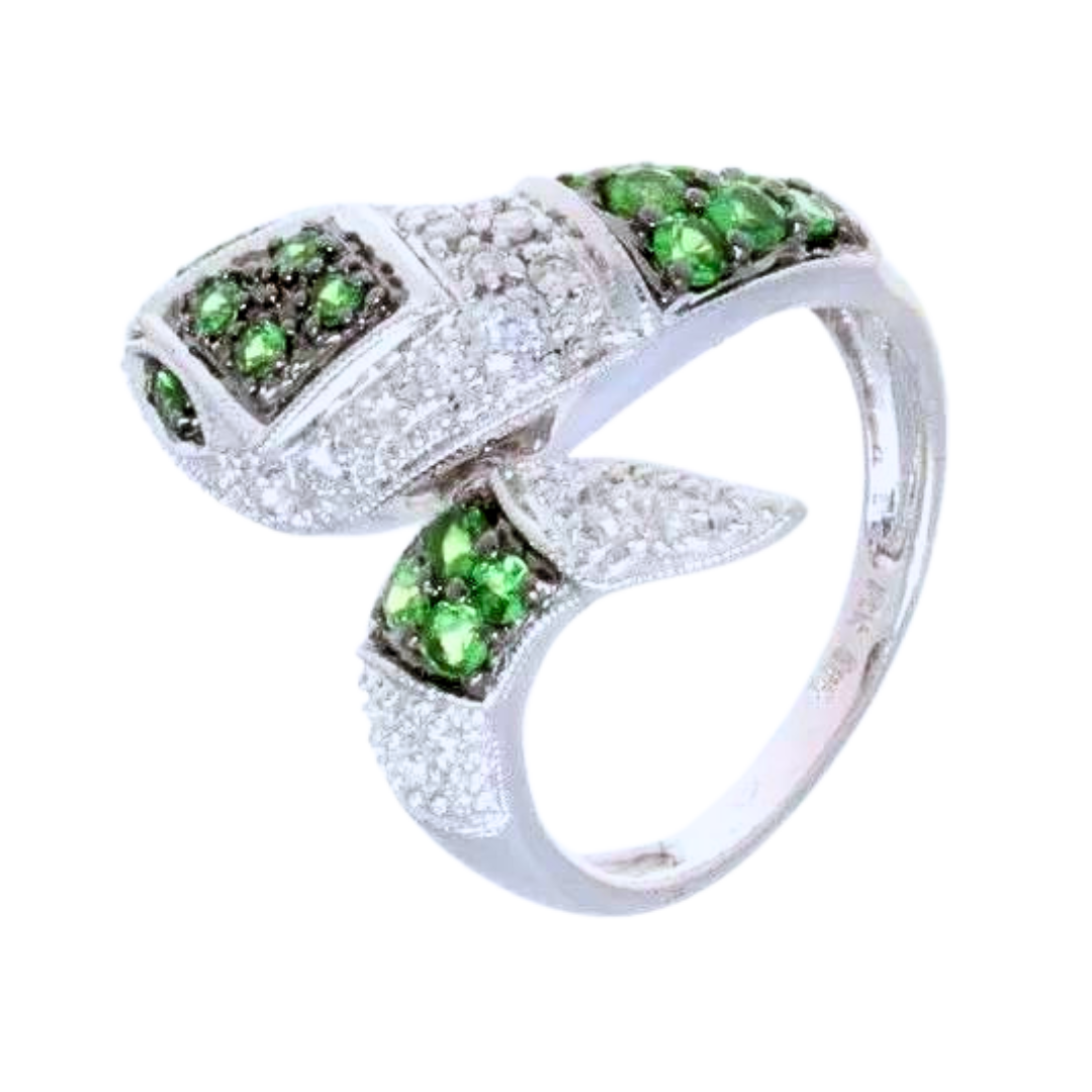 14k White Gold, Diamond & Tsavorite Snake Serpant Ring 0.75 cts.