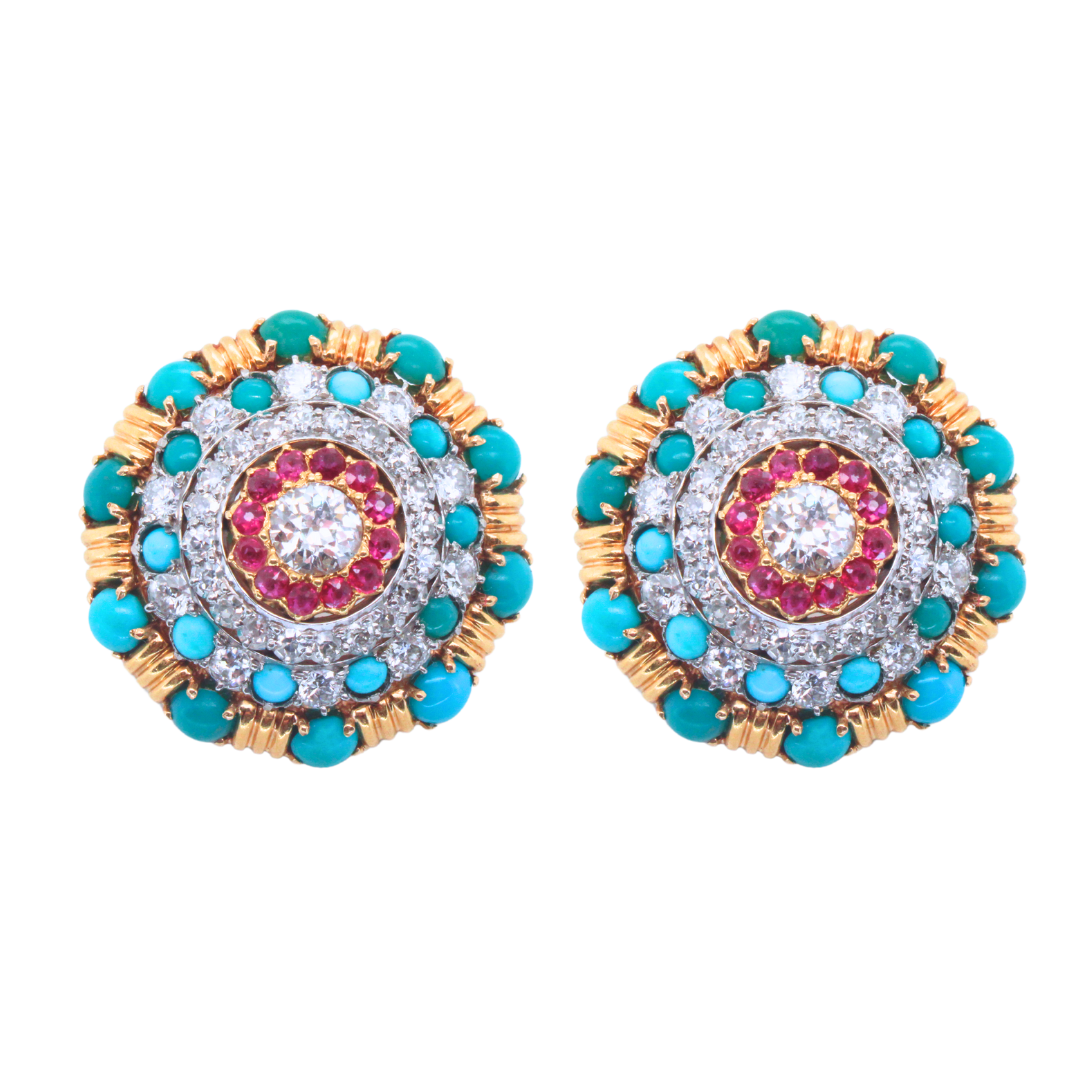 18k Yellow Gold Antique Round Turquoise and Ruby Diamond Earrings 4.25CTW