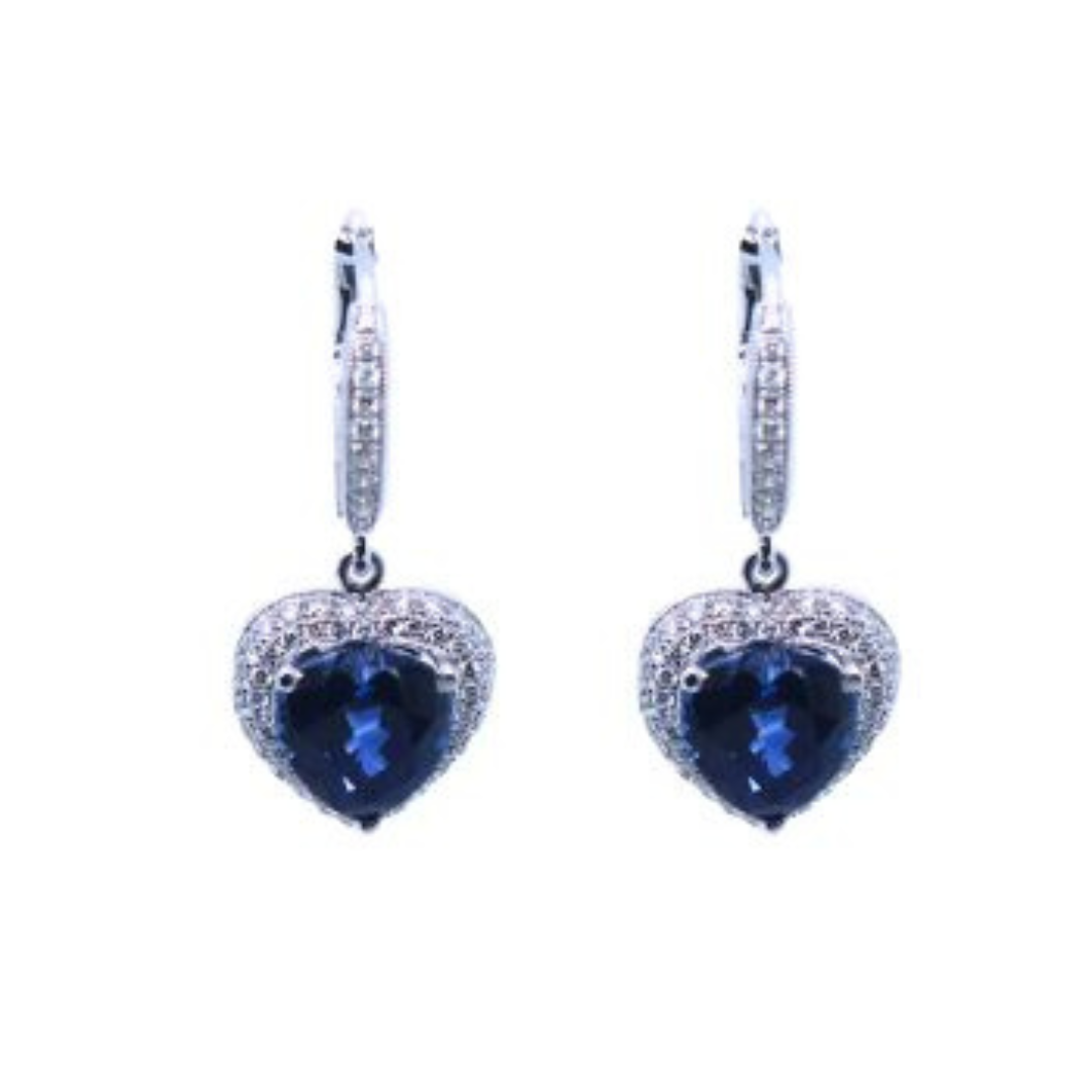 HEART SHAPE BLUE SAPPHIRE AND DIAMOND DANGLE EARRINGS