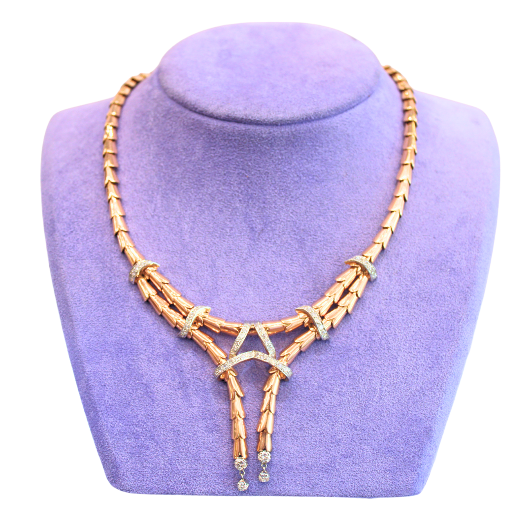1940-1950's Retro Vintage Diamond Yellow and Rose Gold Necklace and Earrings Set