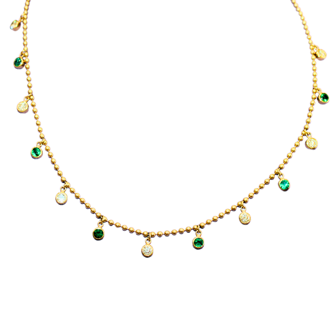 14K Yellow Gold Emerald & Diamond Ball Chain Drop Necklace 1.17 Carats