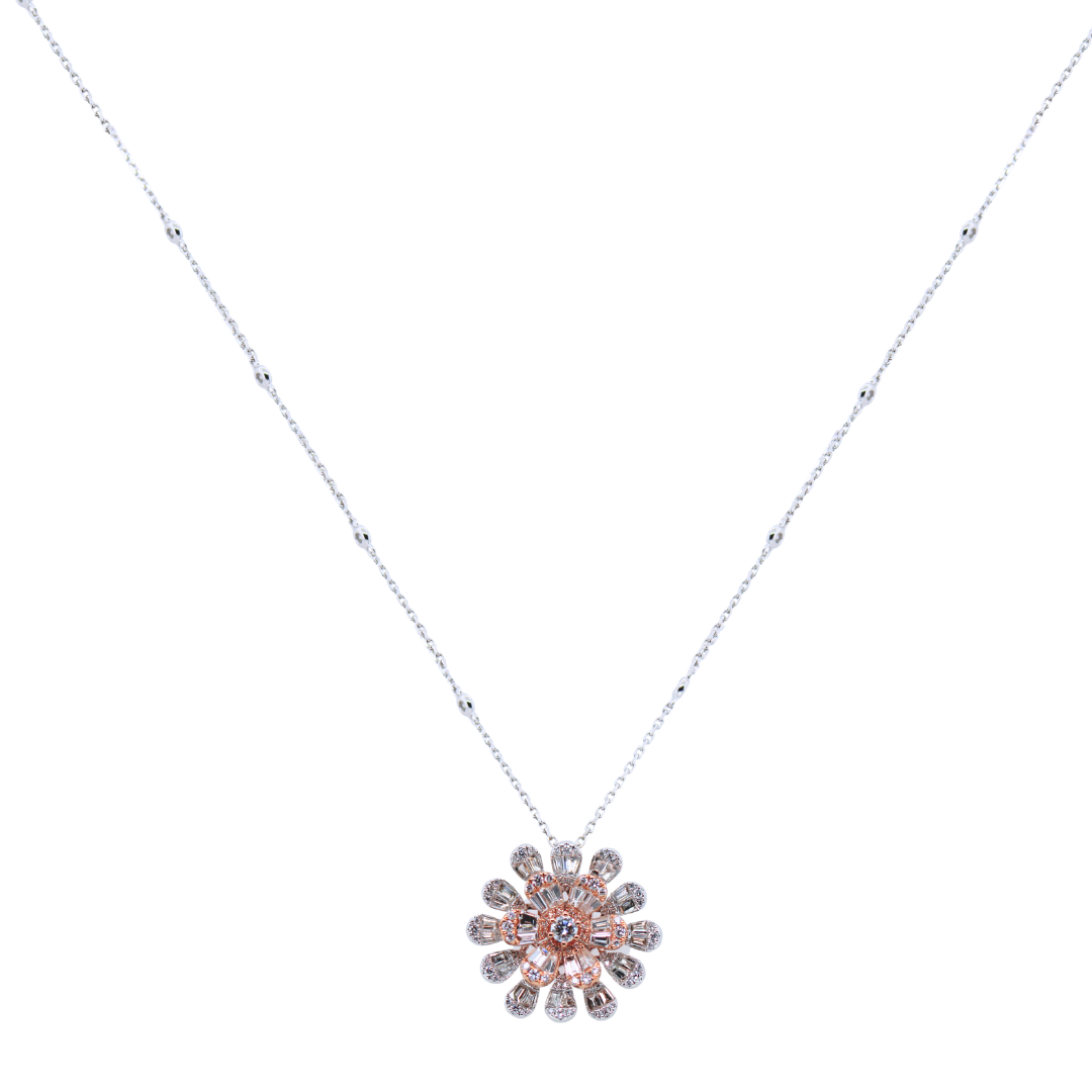 18k White Gold Flower Pendant Diamond Necklace 2.07Cts