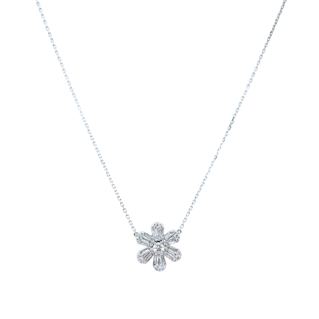 18k White Gold Flower Pendant Necklace 0.18CTW