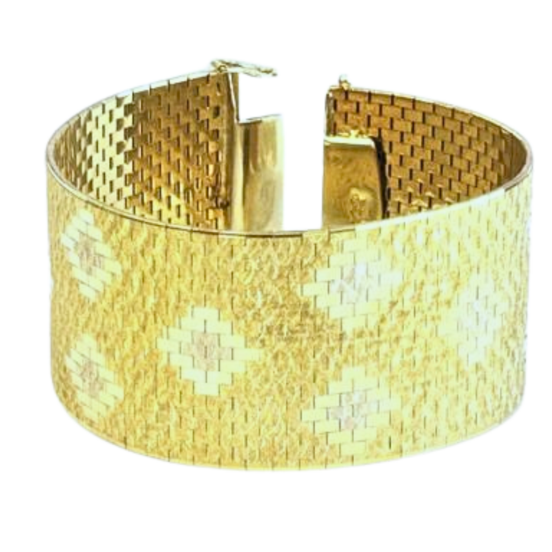 Vintage 18K Yellow Gold Brevet Italian Wide Mesh Bracelet 116.30 Grams