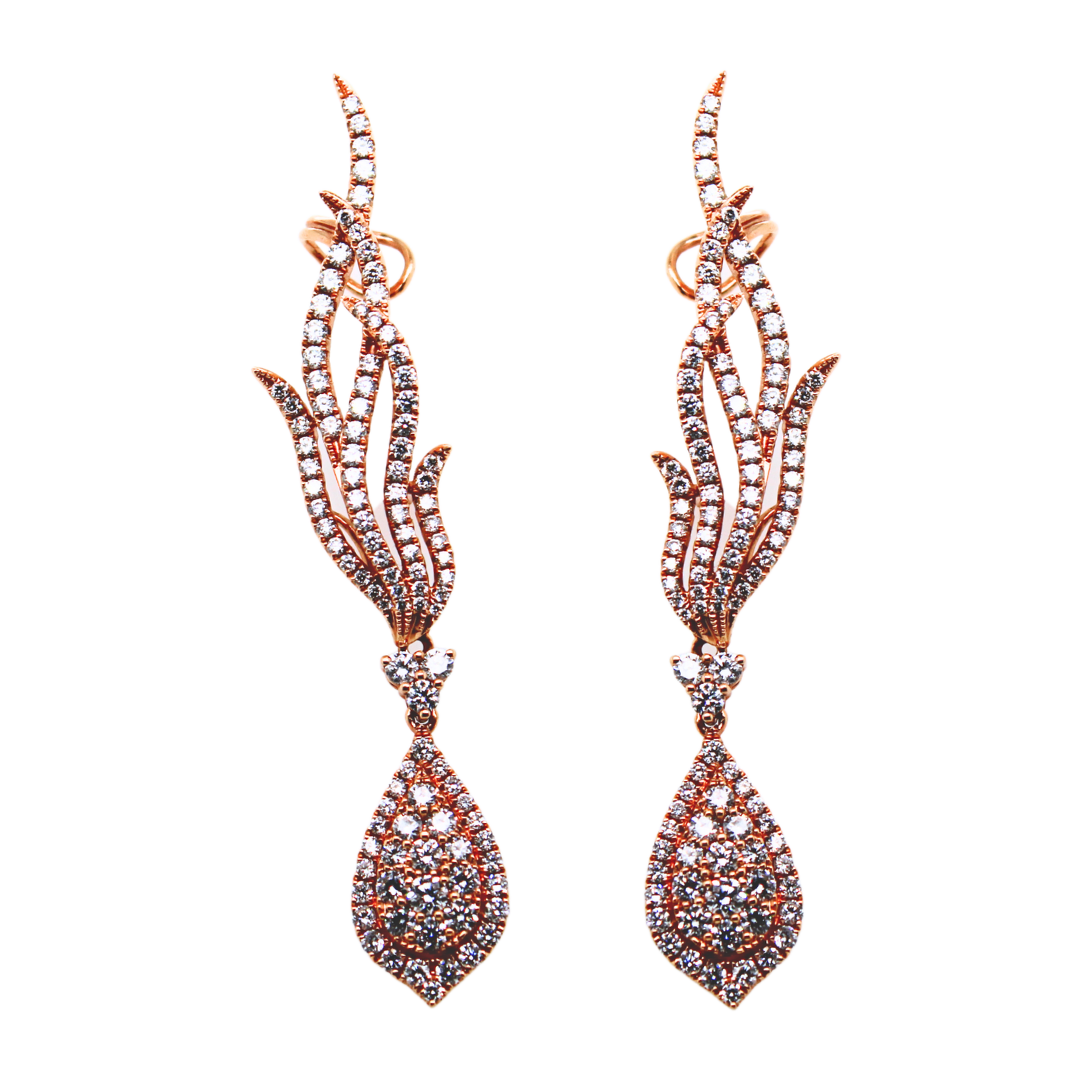 18k Rose Gold Ear Climber Drop Diamond Earrings 3.52CTW