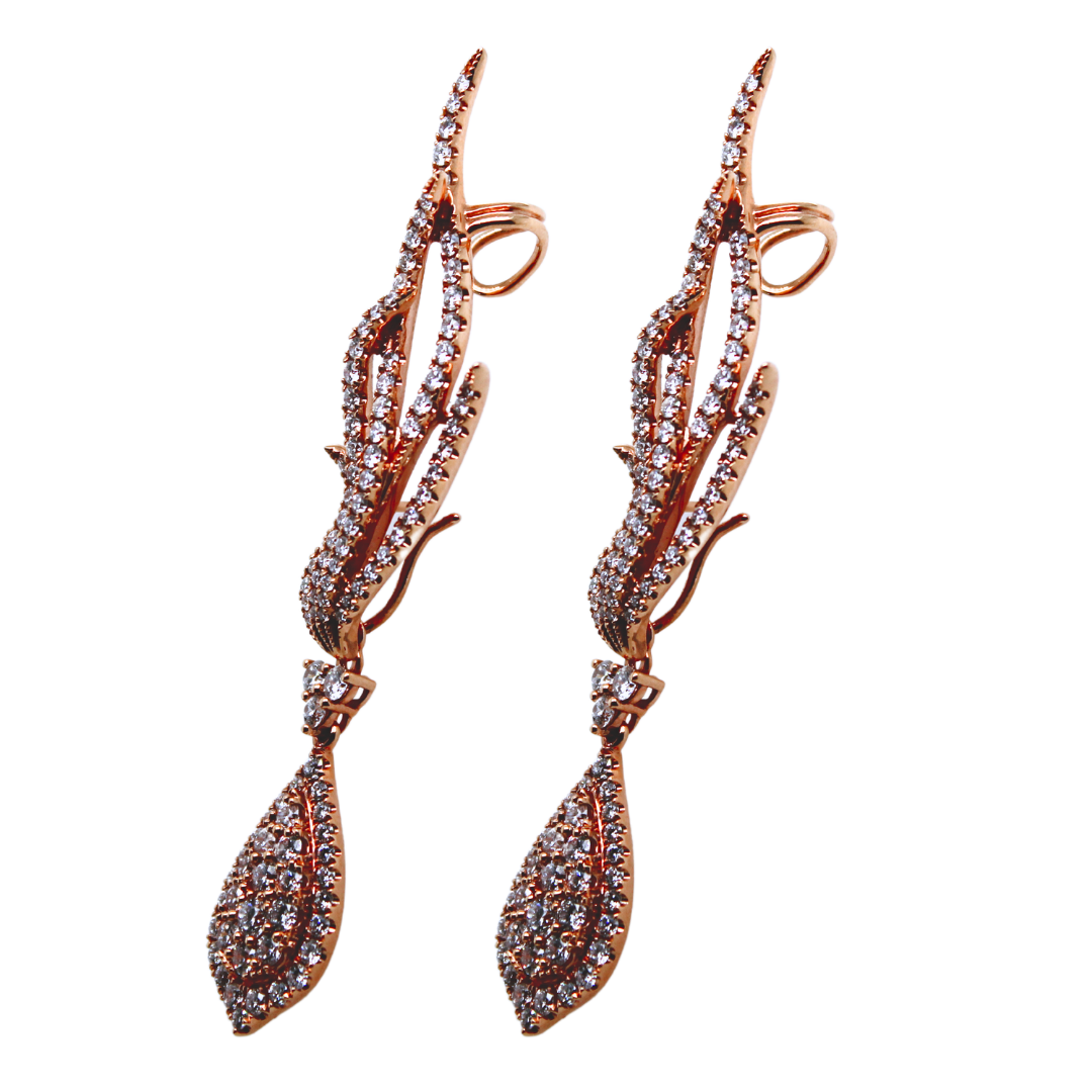 18k Rose Gold Ear Climber Drop Diamond Earrings 3.52CTW