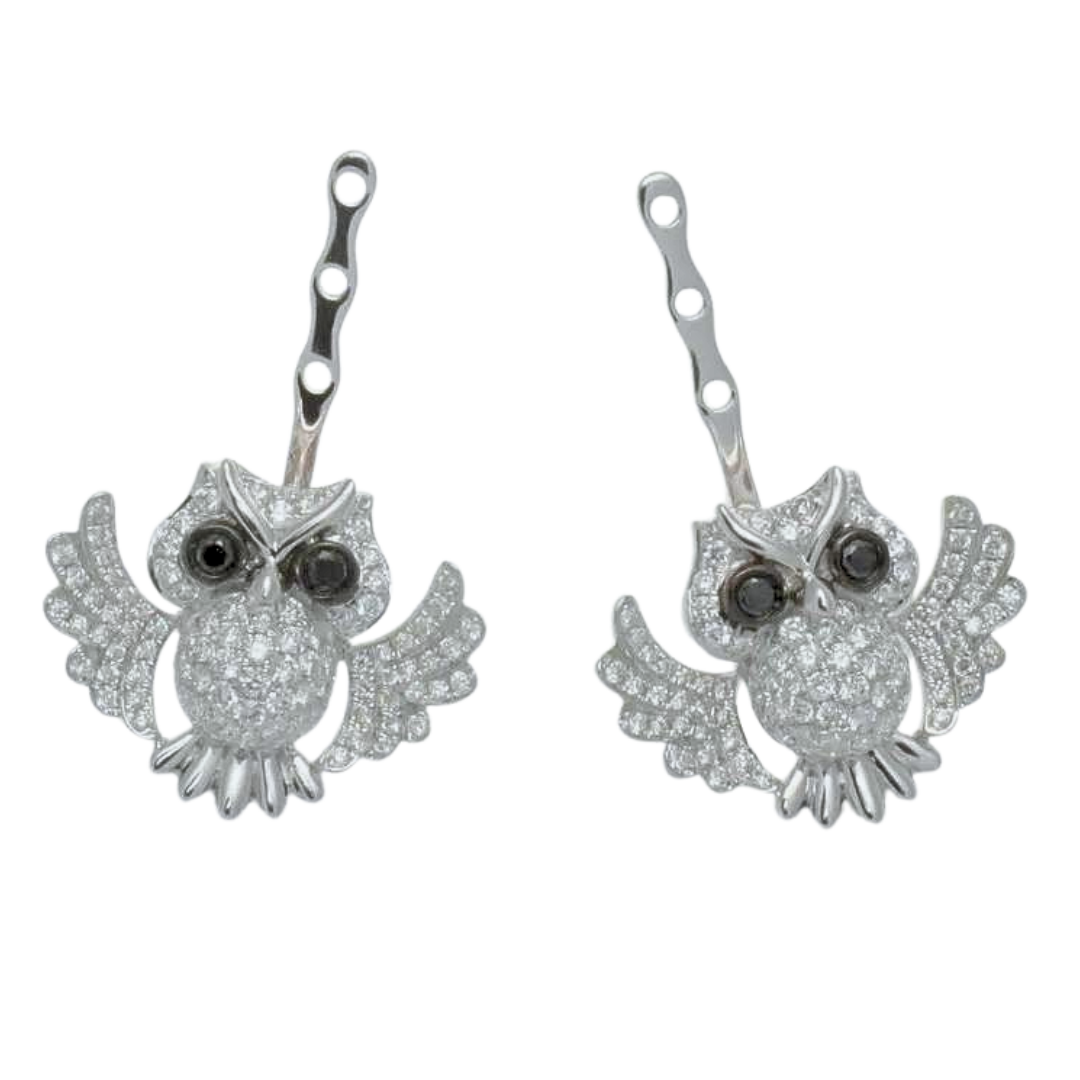 18K WHITE GOLD, DIAMOND & BLACK DIAMOND OWL EARRING JACKETS 1.30cts