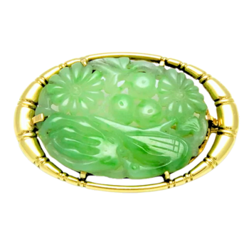 Authentic Vintage Cartier 14K Yellow Gold Carved Natural Green Jade Brooch Pin