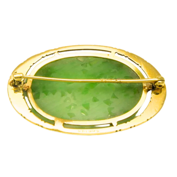 Authentic Vintage Cartier 14K Yellow Gold Carved Natural Green Jade Brooch Pin