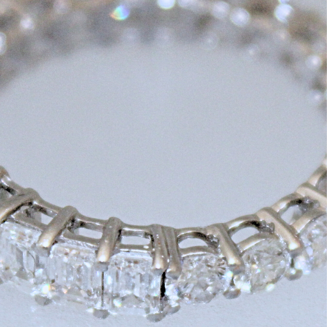 18k White Gold Emerald Cut and Round Brilliant Cut Eternity Ring 3.4ctw